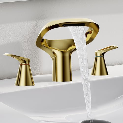 Gold Bathroom Faucet 3 Hole, 8 Inch Widespread Gold Faucets 2-Handle for Bathroom Vanity Sink with Adjustable Spout, with Supply Line, for 6 to 12 in Sink - color: Bright Gold, style: Modern