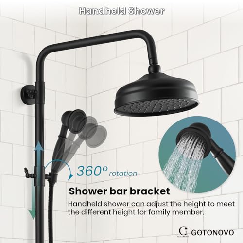 gotonovo Exposed Shower System Wall Mount,Matte Black,Metal Handheld | 8” Rain Shower Head Faucet Set Fixtures,2 Function,Two Cross Handle,Height Adjustable,for 5-6.7" Hole,Indoor Victorian Retro - color: Black