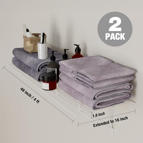 HAUSHOF 2 Pack Closet Shelves Wall Mounted, 4 ft x 16 in Wire Shelf Kit | White Wire Closet Shelving for Closet, Laundry Room, Bedroom, Living Room, Pantry Organization and Storage - size: 4ft x 16in