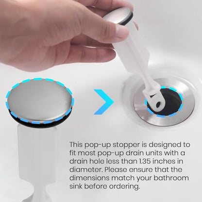 (2-Pack) Bathroom Sink Pop-Up Stoppers - with Brushed Nickel Finish - Fits Most Pop-Up stoppers Design 1-3/8” Cap Outer Diameter, 4-1/2 Overall Height - with 2 Mounting Holes and Gasket Seal