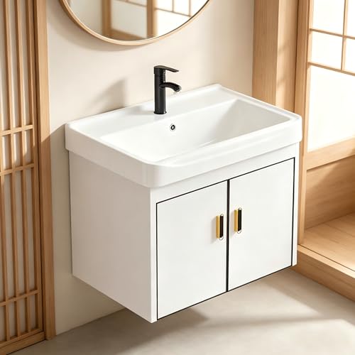20 Inch Wall Mounted Bathroom Vanity with Sink, Modern Floating Bathroom Cabinet with Integrated Ceramic Basin, Soft Close Double Doors, Complete Faucet & Plumbing Hardware Set for Small Bathroom