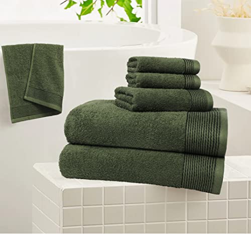 100% Cotton Ultra Soft 6 Pack Towel Set, Contains 2 Bath Towels 28x55 inchs, 2 Hand Towels 16x24 inchs & 2 Washcloths 12x12 inchs, Compact Lightweight & Highly Absorbant - Olive Green - color: Olive Green, size: 6 Pack Towel Set
