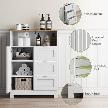 Smart FENDEE Bathroom Storage Cabinet with 3 Drawers, Floor Cabinet with Louvered Door, Freestanding Storage Unit for Bathroom, Kitchen, Living Room, White - size: 33.86" Small Floor Cabinet