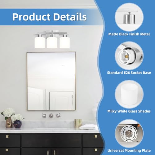 SILAMPDI Bathroom Light Fixtures Brushed Nickel, 3-Light Bathroom Lights Over Mirror, Bathroom Vanity Lights for Bedroom, Living Room, Hallway, Milky White Glass Shades, E26 Base, Bulbs Not Included - color: Brushed Nickel-3Light