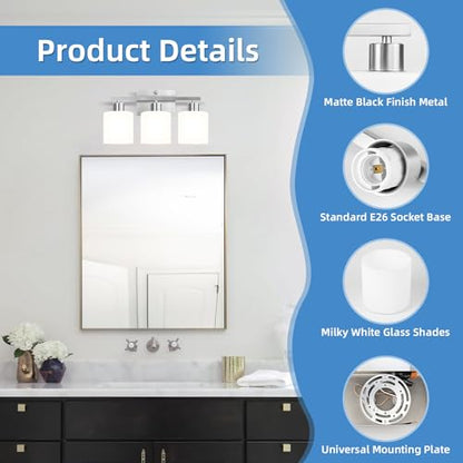 SILAMPDI Bathroom Light Fixtures Brushed Nickel, 3-Light Bathroom Lights Over Mirror, Bathroom Vanity Lights for Bedroom, Living Room, Hallway, Milky White Glass Shades, E26 Base, Bulbs Not Included - color: Brushed Nickel-3Light