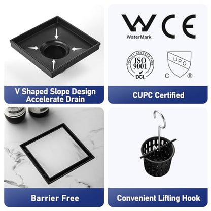 Square Shower Drain, 304 Stainless Steel Floor Drain 6" | with Tiled Insert Grate & Hair Strainer, Bathroom 2-in-1 Tiled in Drain, CUPC Certified - color: Matte Black, size: 6''