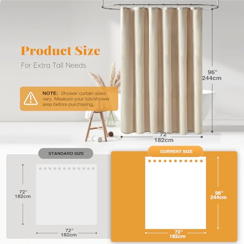 Extra Long Linen Textured Fabric Shower Curtain, 72x96, Beige/Cream | Extra Tall Size, 230GSM Polyester, Heavy Duty Waterproof Cloth, Weighted Hem, 12 Hooks, Modern Hotel Style, Machine Washable - color: A - Cream, size: 72"W x 96"L (Pack of 1)
