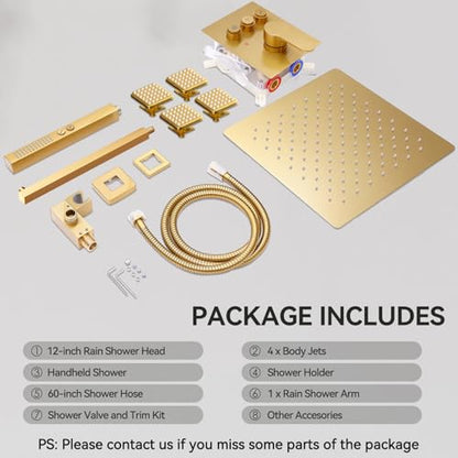 STARBATH Shower System with Body Jets,12" Rainfall Shower System with 2 in 1 Handheld and 4 Body Jets, Can Use All at Once, Push Button Complete Shower Jets System with Valve and Trim Kit,Brushed Gold - color: Gold, size: 12"-04
