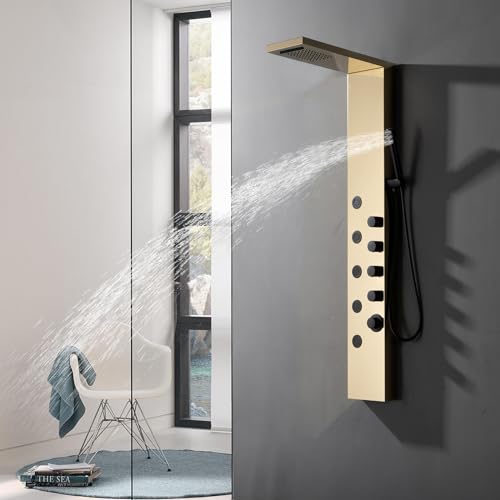 Shower Panel Tower System with Rainfall Shower Head | 5 Body Jets and Handheld Shower Head,Modern Massage Shower System Polished Gold and Black by Homevacious - color: Polished Gold and Black, style: Standard Shower Panel