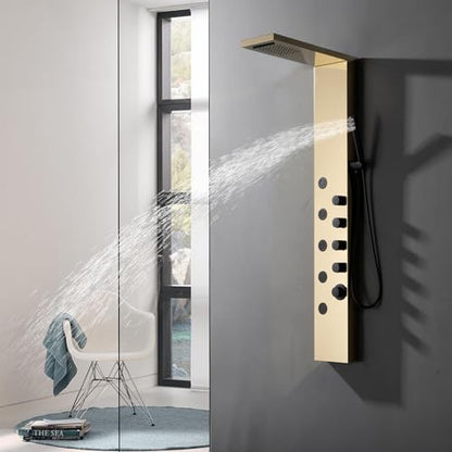 Shower Panel Tower System with Rainfall Shower Head | 5 Body Jets and Handheld Shower Head,Modern Massage Shower System Polished Gold and Black by Homevacious - color: Polished Gold and Black, style: Standard Shower Panel