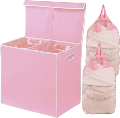Simple Houseware Double Laundry Hamper with Lid & Removable Bags, Pink | Heavy Duty 600D Polyester, Water-Resistant Surface - color: Pink