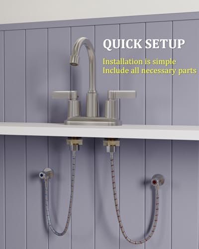 Brushed Nickel Bathroom Sink Faucet 3 Hole 4 Inch Centerset Bathroom Faucet | Faucet for Bathroom Sink with Pop Up Drain and 2 Supply Hoses 2 Handle Bathroom Faucets for Sink Vanity RV Evolvegoods - color: Brushed Nickel