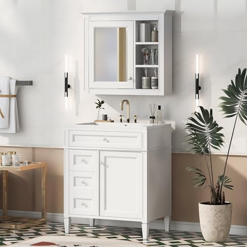 Marzzi 30" Bathroom Vanity Set with Matching Mirror Cabinet | Modern Single Sink Bathroom Vanity with Storage Cabinet, 2 Drawers & Tip-Out Drawer, Medicine Cabinet, Solid Wood Frame - color: White, size: 30"