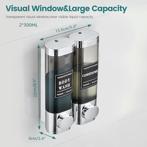 Wall-Mounted Shampoo and Conditioner Dispenser 2 Chamber No Drill,Chrome | Shower Soap Dispenser for Bathroom Hotel Large Capacity,each 300ml with two waterproof labels - color: 2chrome