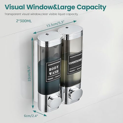 Wall-Mounted Shampoo and Conditioner Dispenser 2 Chamber No Drill,Chrome | Shower Soap Dispenser for Bathroom Hotel Large Capacity,each 300ml with two waterproof labels - color: 2chrome