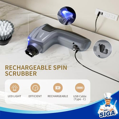 MR.SIGA Electric Spin Scrubber for Kitchen and Bathroom Cleaning | Waterproof rechargeable cordless spin scrubber with 5 replaceable cleaning brushes and scouring pads