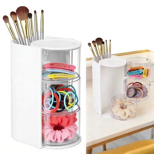 3-Tier Rotating Hair Accessories Organizer, 360° Spinning Storage Stand for Makeup Brushes and Jewelry, Compact Vanity Display Case for Girls, Holds Hair Clips, Earrings, Rings, Bracelets(White) - color: White