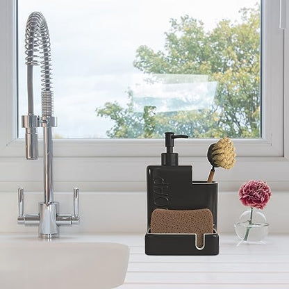 Soap Dispenser with Sponge Holder and Brush Holder, Ceramic Dish Soap Dispenser Pump, 3 in 1 Liquid Hand Soap Organizer with Funnel for Kitchen Sink Countertop, Matte Black