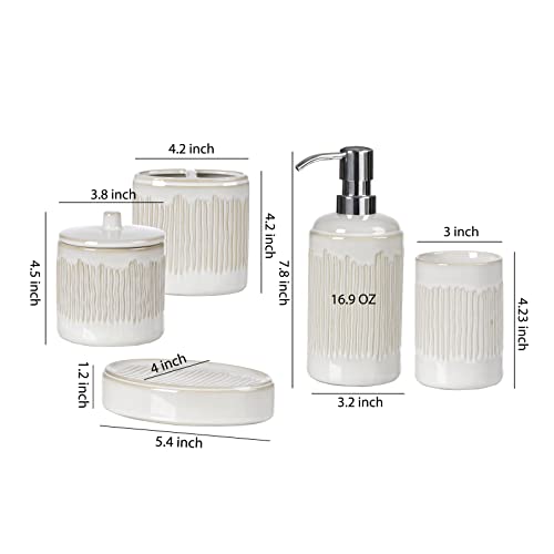 Bathroom Accessories Set, 5-Piece Ceramic Bath Accessory Complete Set with Lotion Dispenser/Soap Pump, Cotton Jar, Soap Dish, Tumbler and Toothbrush Holder (Ivory White)