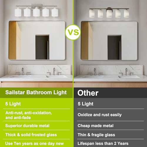 5-Light Bathroom Light Fixture, Brushed Nickel Vanity Lights Over Mirror, Anti-Rust, White Glass Shades, E26 Base, Bulb Not Included - color: Brushed Nickel-5 Light