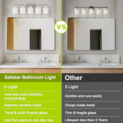 5-Light Bathroom Light Fixture, Brushed Nickel Vanity Lights Over Mirror, Anti-Rust, White Glass Shades, E26 Base, Bulb Not Included - color: Brushed Nickel-5 Light