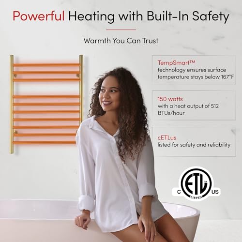 Heated Towel Rack, 10-Bar Wall-Mounted Electric Towel Warmer, Polished Gold, Plug-in or Hardwired, Luxury Bathroom Accessory for Warm, Dry Towels (WarmlyYours Infinity) - color: Polished Gold