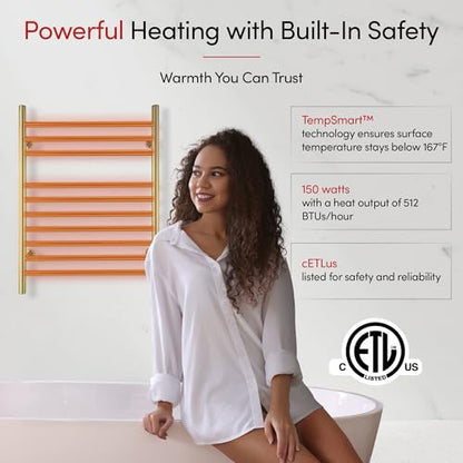 Heated Towel Rack, 10-Bar Wall-Mounted Electric Towel Warmer, Polished Gold, Plug-in or Hardwired, Luxury Bathroom Accessory for Warm, Dry Towels (WarmlyYours Infinity) - color: Polished Gold