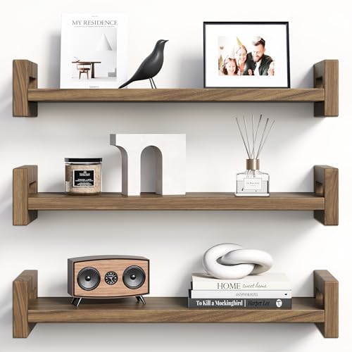 Upgraded Floating Shelves for Wall, Set of 3 Solid Wood Wall Mounted Shelves, 16" Rustic Walnut Display Shelf for Bedroom, Living Room, Bathroom, and Kitchen Decor - Heavy-Duty & Natural Pine - color: Walnut Brown, size: 16 inch