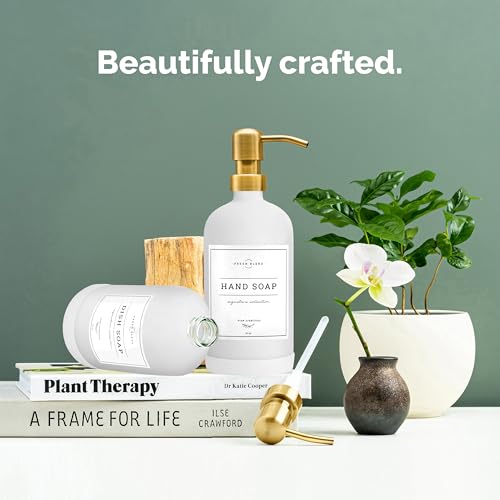 Vine Creations Glass Soap Dispenser, 2 Pack Kitchen Soap Dispenser Set with Stainless Steel Pump, 16 oz Dish Soap and Hand Soap Dispensers for Bathroom with Waterproof Labels (White) - color: Matte White Bottle / Gold Pump