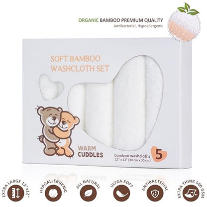 Soft Baby Washcloths Set - Absorbent Natural Baby Wash Cloth for Delicate Skin - 12"x12" Large Baby Bath Washcloths - Newborn Bath Face Towel (White) - color: White