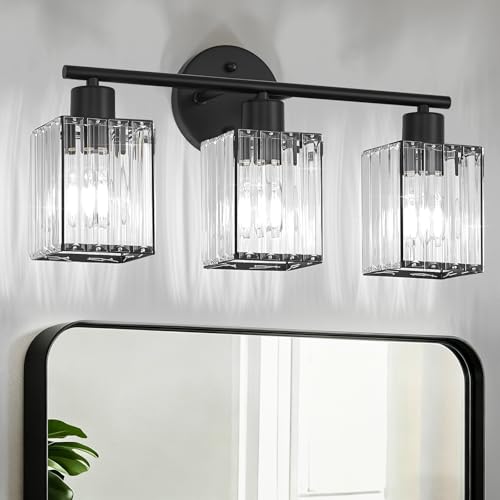 3 Light Bathroom Light Fixtures, Modern Crystal Vanity Lights over Mirror | Metal Frame, Bathroom Light with Square Crystal Shade, ETL Certified, E26 Ceramic Socket, Bulbs Not Included - color: Black, size: 3-Light