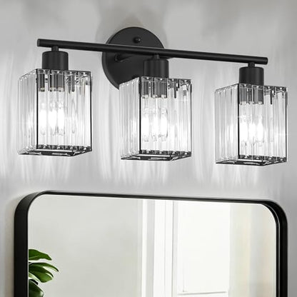 3 Light Bathroom Light Fixtures, Modern Crystal Vanity Lights over Mirror | Metal Frame, Bathroom Light with Square Crystal Shade, ETL Certified, E26 Ceramic Socket, Bulbs Not Included - color: Black, size: 3-Light