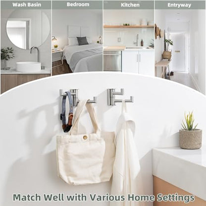 Aomasi Brushed Nickel 2 Pack Swivel Coat Hooks, 304 Stainless Steel Foldable Towel Hooks with 2 Rotating Arms, Wall Mounted - color: Brushed Nickel, size: 2 Pack