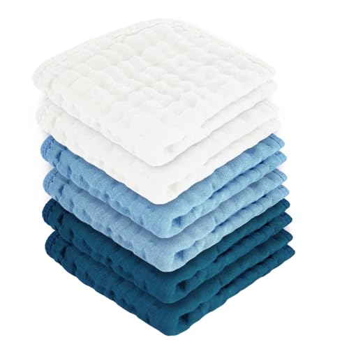 MIGIOL Baby Washcloths 100% Cotton Size is 12x12 inches. Lightweight, Portable, and Ideal for use at Home or on The go. (White & Blue 6 Pieces) - color: White & Blue 6 Pieces