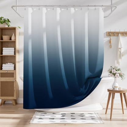 AmazerBath Shower Curtain, Cloth Ombre Blue Curtain Set with 12 Hooks, Washable Fabric Navy and White Curtain, Rustic Farmhouse Bathroom, 72x72 Inches - color: A- Blue Ombre +12 Metal Hooks, size: 72"W x 72"L (Pack of 1)
