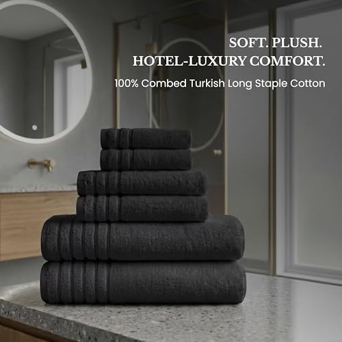 BW Luxe Home - 100% Soft Turkish Cotton 6 Piece Black Towel Set (2 Bath, 2 Hand, 2 Wash). 600 GSM, Combed Natural Yarn for Fast Drying & Excellent Absorption. Hotel & Spa Luxury Quality. - color: Rich Black