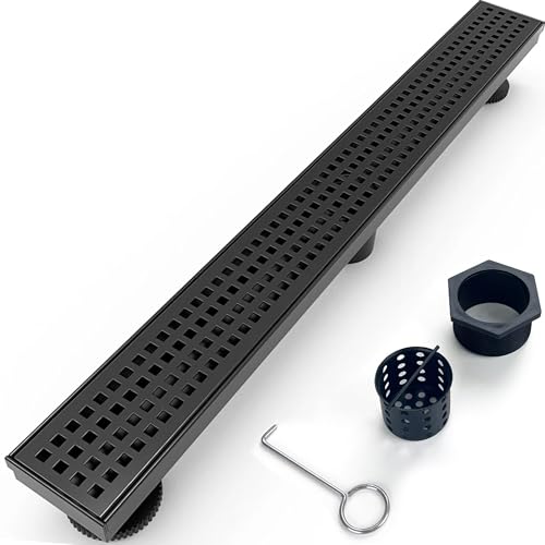 32 Inch Removable Cover Linear Shower Drain 304 Stainless Steel Rectangular Floor Drain for Kitchen Bathroom Square Hole Drain with Accessories Hair Strainer Adjustable Leveling Feet (Matte Black) - color: Black, size: 32 Inch