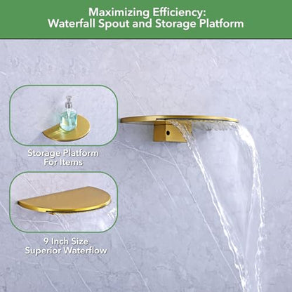 VANFOXLE Shower Faucet Set Brushed Gold Shower System, Push Button Diverter | 8 Inch Wall Mount Head, 2-in-1 Handheld Sprayer, 9 Inch Bathtub Waterfall Spout, Solid Brass Valve, Rust Resistant - color: Brushed Gold, style: 8 Inch