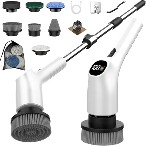 Electric Spin Scrubber, Shower Scrubber with Long Handle Adjustable LCD Display, 2 Speed Shower Cleaner, 7 Replaceable Brush Heads Bathroom Cleaning Brush, Bath Tub Power Scrubbers White G3 - color: White