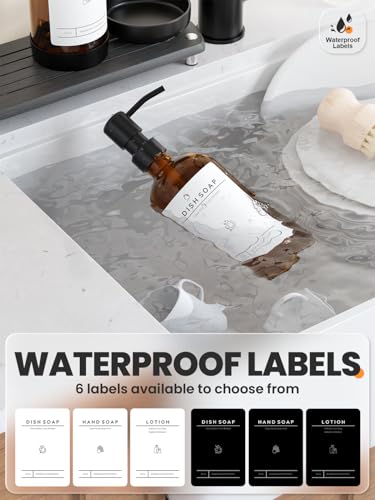 [Luxury] Kitchen Soap Dispenser Set - 16OZ Amber Glass Bottle, Stainless Steel Pump, Instant Dry Tray, Waterproof Labels, Non-Slip Silicone Pad, and Dish Brush | Upgrade for Your Kitchen and Bathroom - color: Amber Bottle + Black Pump