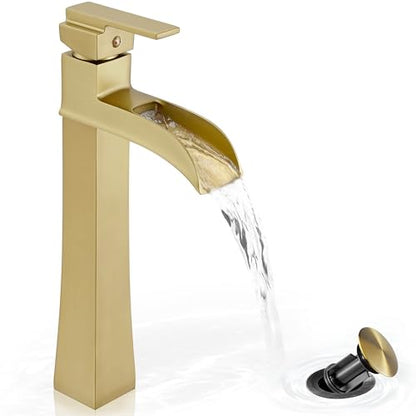 Brass Vessel Sink Faucets, Brushed Gold Tall Bathroom Faucet Single Handle, 1 Hole Bathroom Sink Faucet Waterfall Farmhouse Single Faucet Bathroom Sink with Pop-Up Drain & Pre-Installed Hoses - color: Brushed Gold - Elegant