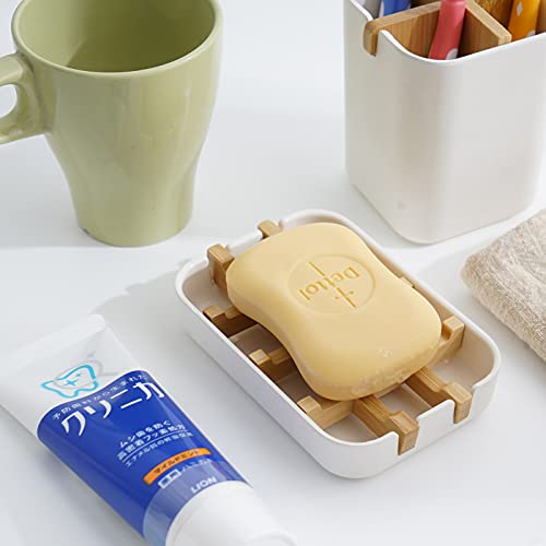 2 Pack Bamboo Soap Dish, Self-Draining Soap Box, Wooden Bamboo Bar Soap Holder for Shower, Bathroom, Kitchen, Bathtub, Bar Sink (White) - color: Two Pieces White