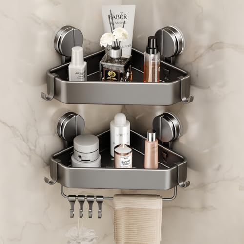 Mustorn Suction Cup Shower Caddy Corner, 2 Pack Suction Corner Shower Shelves No Drilling, Rustproof Shower Organizer Suction Cup with Towel Holder & Hooks Removable Bathroom Storage Rack(Gray) - size: 2 Pack