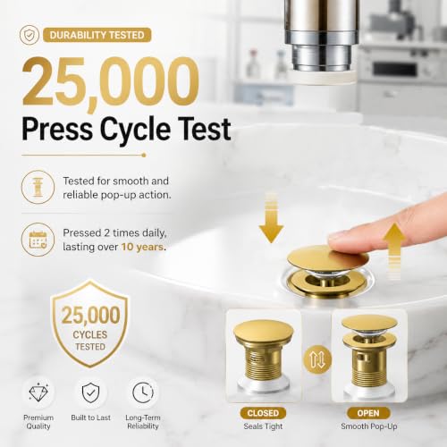 Metal Pop Up Bathroom Sink Drain with Overflow, Brushed Gold Vessel Sink Drain Assembly with Detachable Basket Stopper, Anti-Clogging Drain Strainer