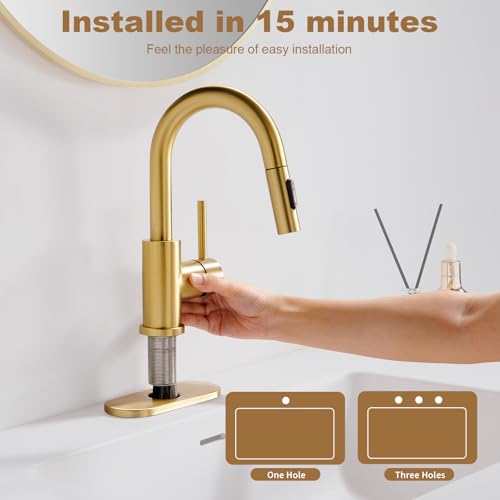 Gold Bathroom Sink Faucet with Pull Down Sprayer | 2 Mode Sprayer, with Deck Plate for 1 or 3 Hole, 360° Swivel, with Pop Up Drain for Vanity Bar RV Basin Laundry - color: Brushed Gold
