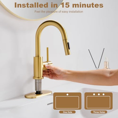 Gold Bathroom Sink Faucet with Pull Down Sprayer | 2 Mode Sprayer, with Deck Plate for 1 or 3 Hole, 360° Swivel, with Pop Up Drain for Vanity Bar RV Basin Laundry - color: Brushed Gold
