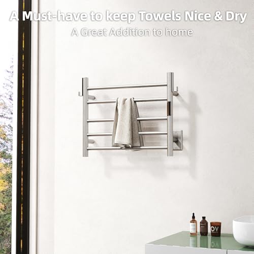 P&Dlusir EL13 Heated Towel Rack, Brushed, 5 Bar | Fast Heat in 2 Min, Smart Timer, Thermo Control, Memory Functoion, Stainless Steel, Hard-Wired/Plug-in - color: Brushed, size: 21.65"W x 17.72"H