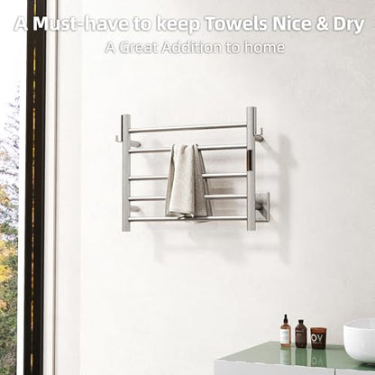 P&Dlusir EL13 Heated Towel Rack, Brushed, 5 Bar | Fast Heat in 2 Min, Smart Timer, Thermo Control, Memory Functoion, Stainless Steel, Hard-Wired/Plug-in - color: Brushed, size: 21.65"W x 17.72"H