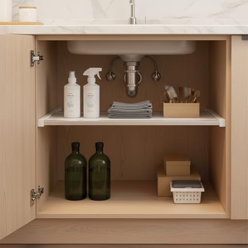 Adjustable Telescopic Cabinet Shelf, Tool-Free Under Sink Organizer Rack, Carbon Steel and PP Plastic Storage Solution for Kitchen and Bathroom - size: 9.84 x 7.87 x 3.35 in