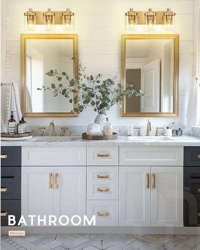 3-Light Brushed Gold Bathroom Vanity Light, Square Clear Glass Shade | 16.5" modern bathroom light fixtures over mirror, E26 base, bulbs not included, VL194-BG-3 - color: Gold, Square Glass Shade, size: 3-light